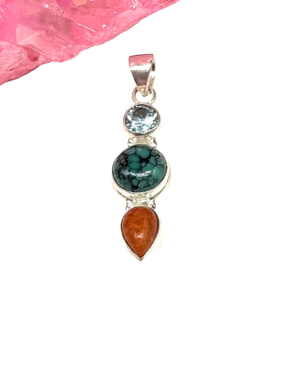 925 Sterling Silver Jewelry - Tibetan Turquoise Sponge Coral & Blue Topaz Necklace Pendant 925 Sterling Silver